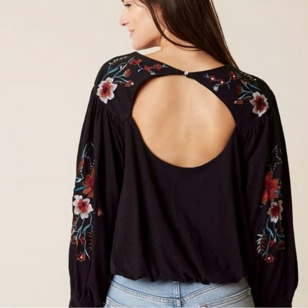 Free people long sleeve flower embroidered shirt